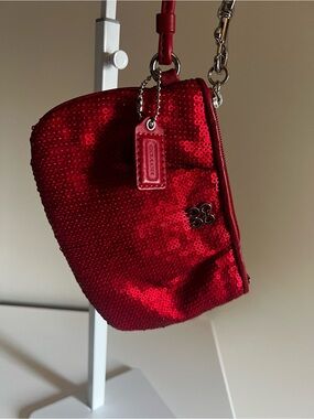 Coach Red Sequin Wristlet Pouch with Charm